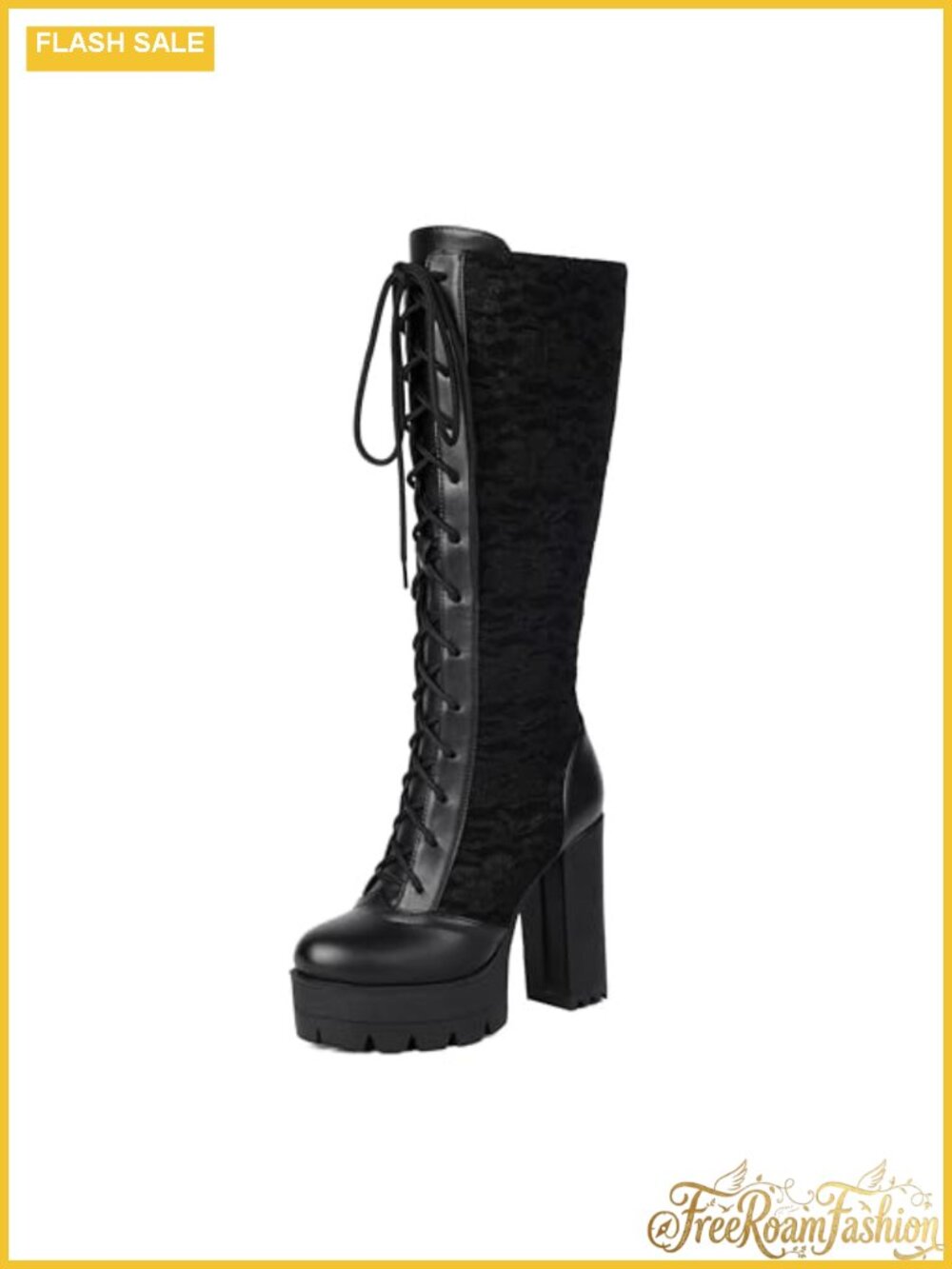 PU Lace-Up Knee High Platform Combat Boots Gothic Round Toe